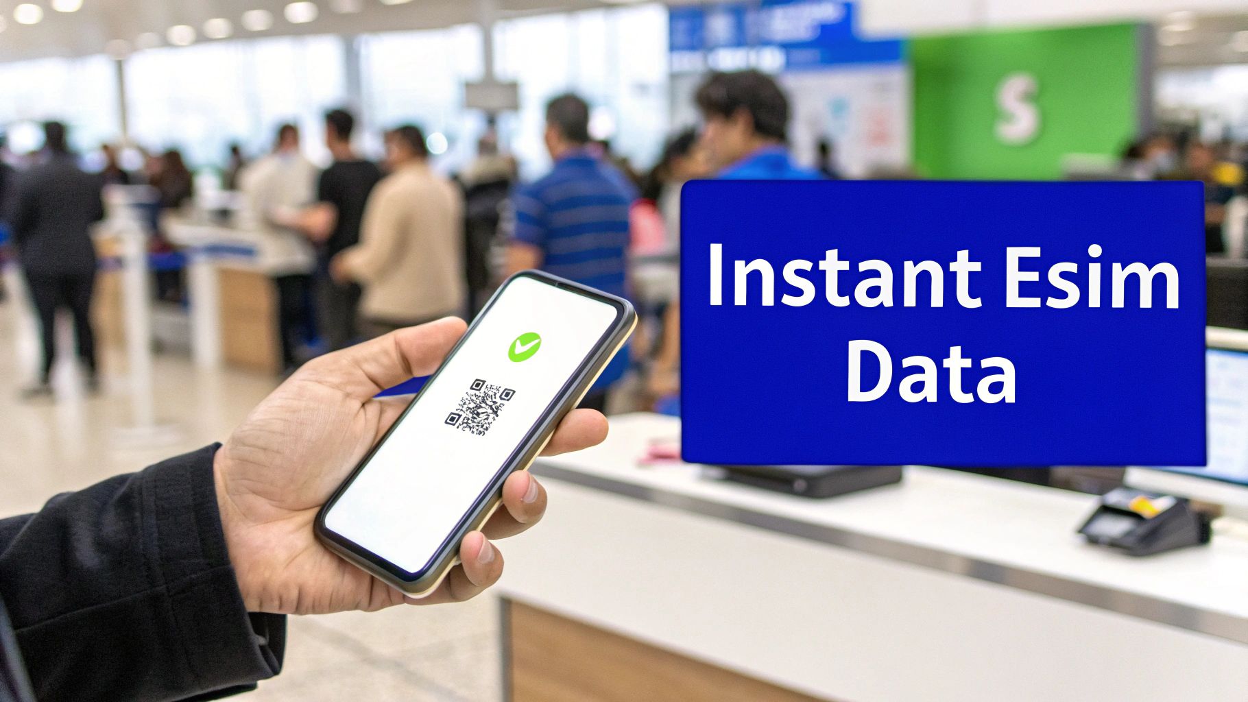 Hand holding a smartphone displaying a QR code, with an 'Instant Esim Data' sign in the background.