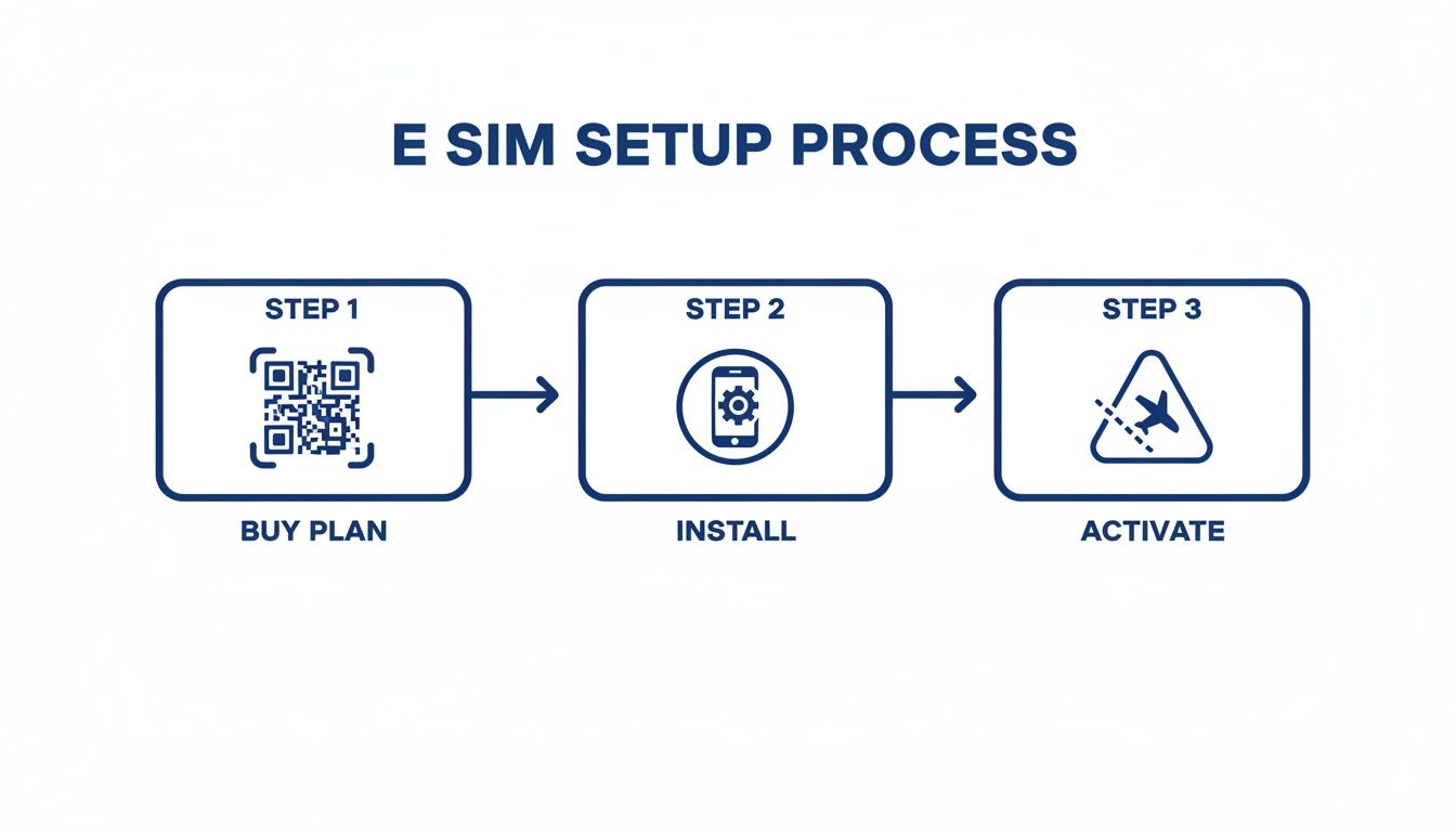 A visual guide detailing the eSIM setup process in three steps: Buy Plan, Install, and Activate.