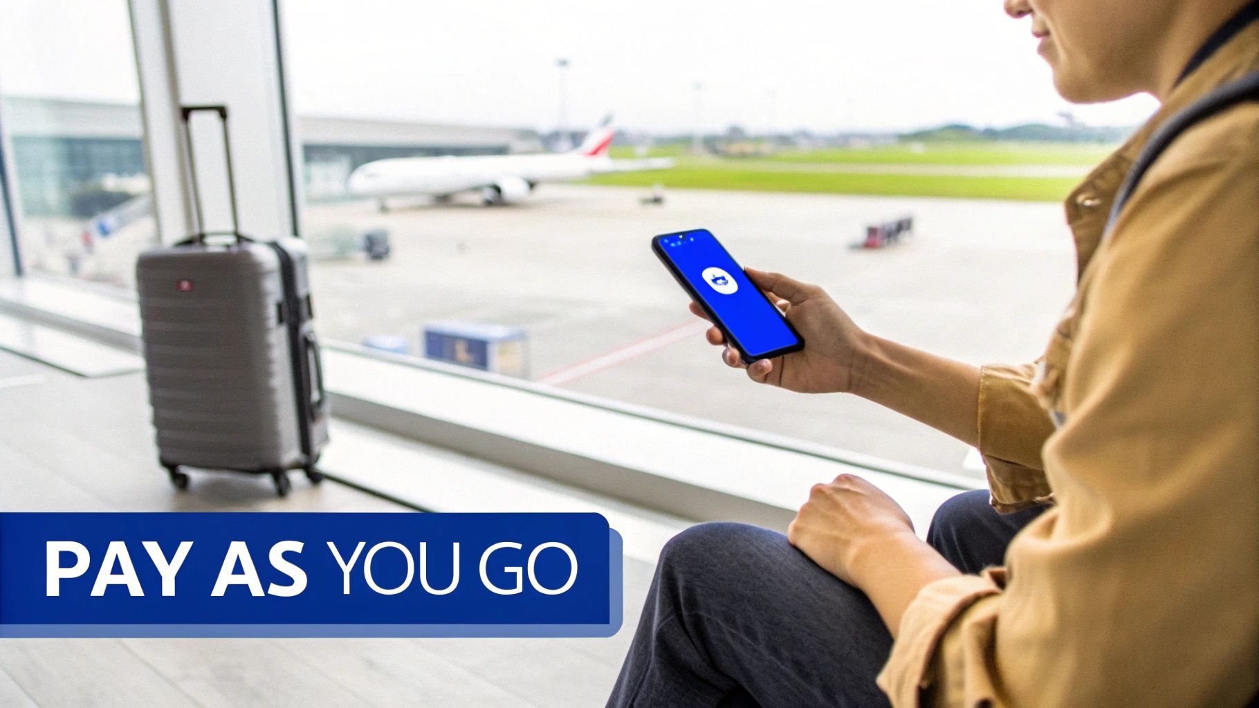 A traveler at an airport terminal holds a phone showing a payment app, with a suitcase.