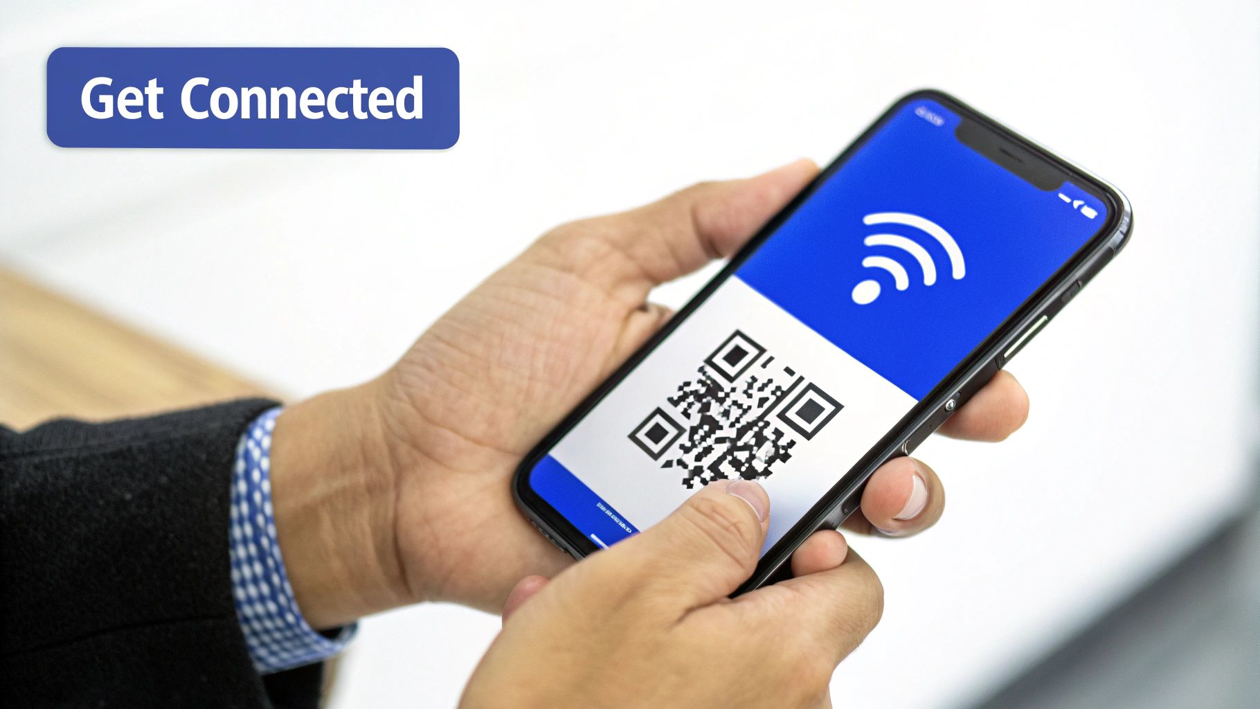 A person holding a smartphone displaying a Wi-Fi symbol and a QR code for seamless connection.