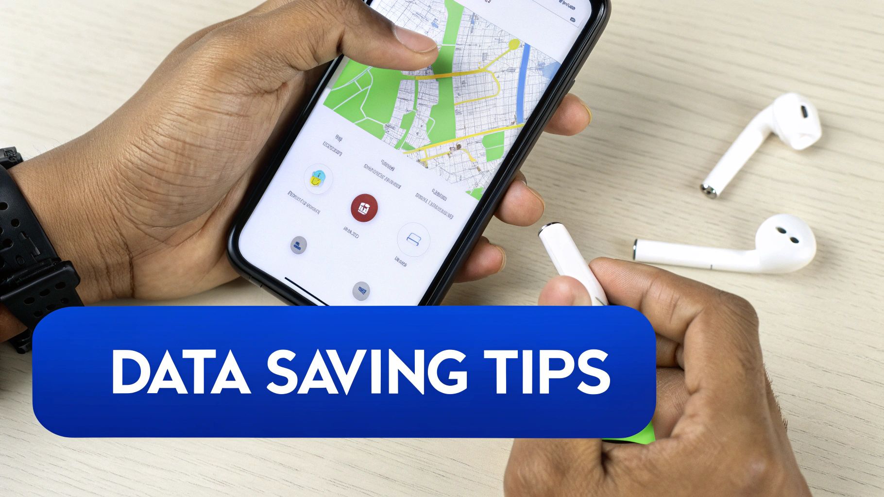 A person holds a smartphone displaying a map app, with wireless earbuds and a 'DATA SAVING TIPS' overlay.