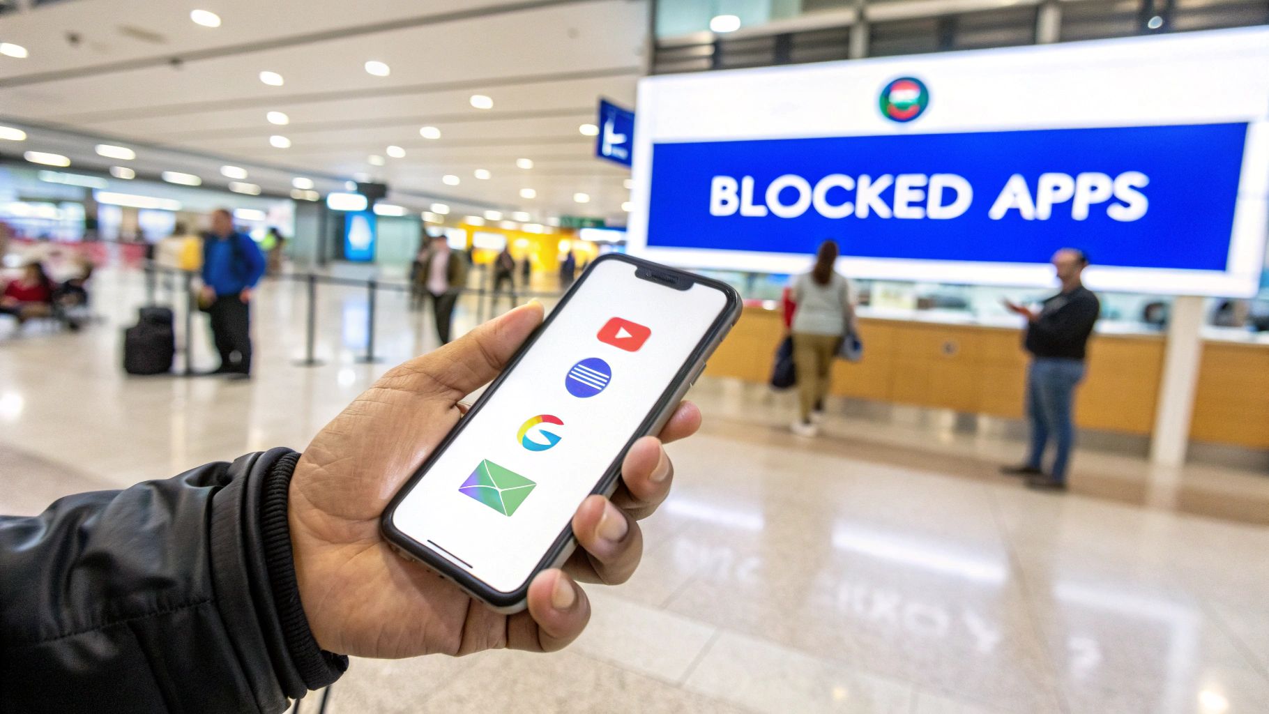 A hand holds a smartphone displaying YouTube, VPN, Google, and email icons, with a "BLOCKED APPS" sign in the background.