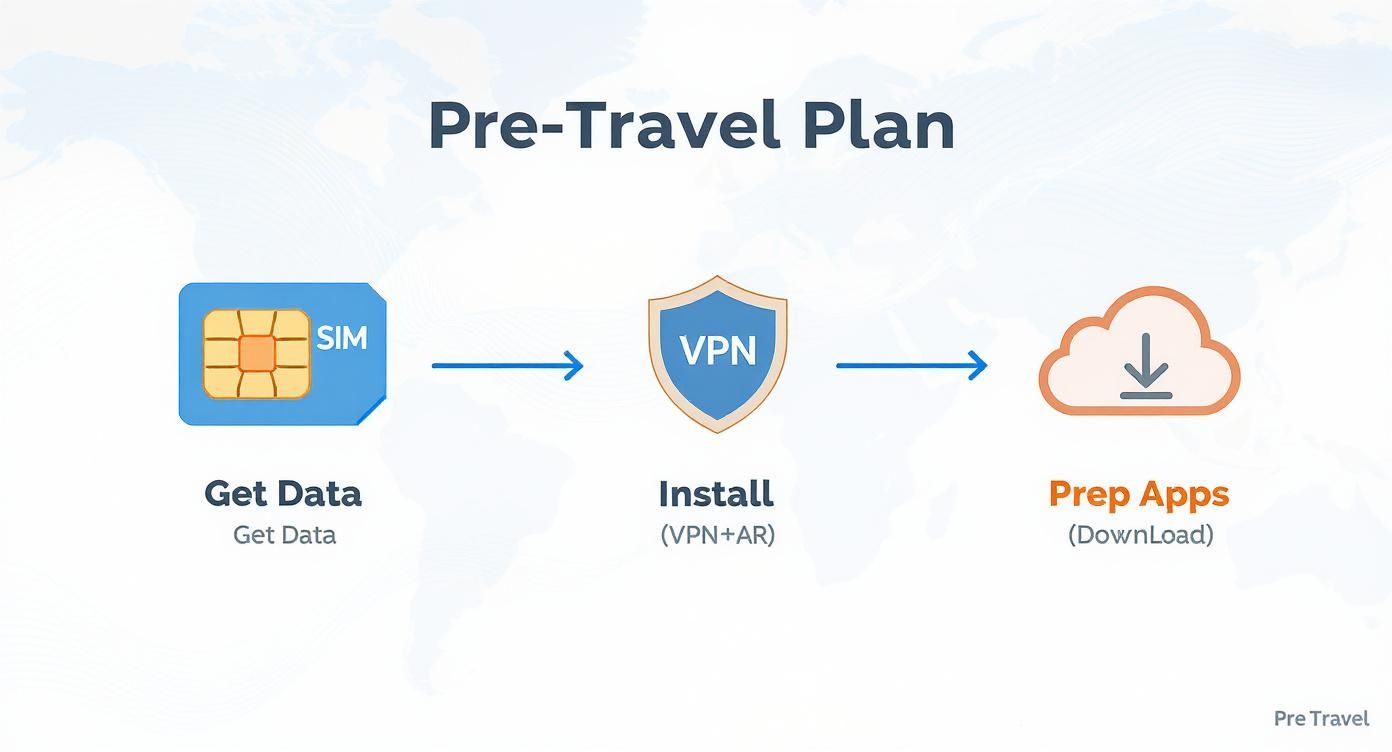 An infographic illustrating a pre-travel plan with steps: get data, install VPN, and prep apps.
