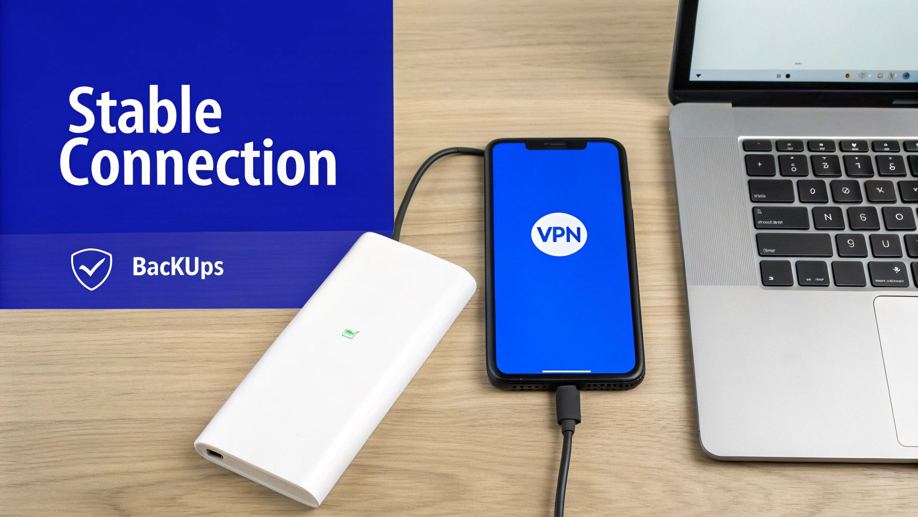 A smartphone displaying a VPN app, connected to a power bank, next to a laptop on a wooden desk.