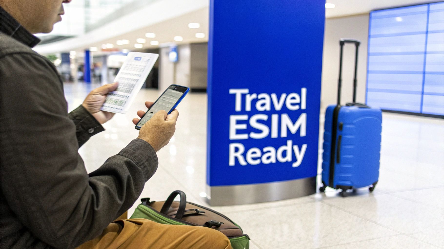 A person at an airport activating an eSIM on their smartphone, with a "Travel ESIM Ready" sign and a blue suitcase.