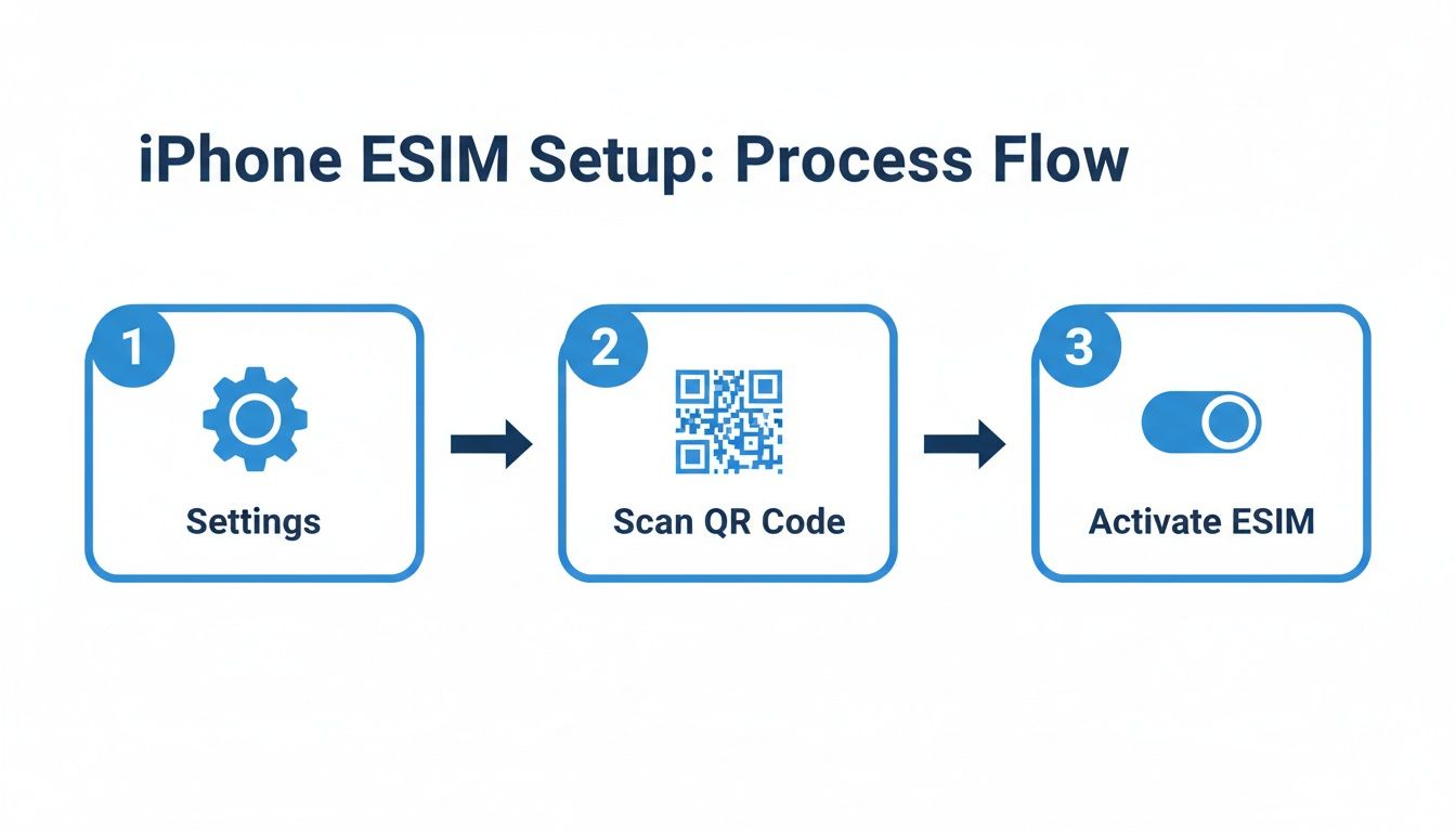A three-step process flow for iPhone eSIM setup, showing settings, scanning QR code, and activation.