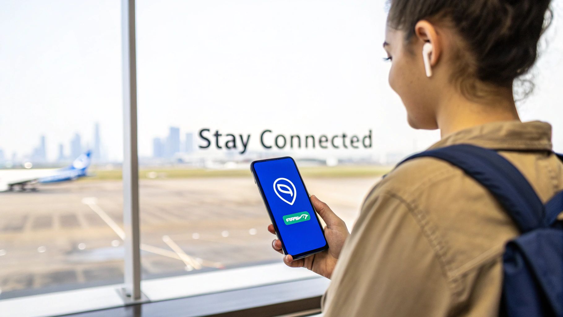 Traveler at an airport holding a smartphone with a travel app, with an airplane and city outside.