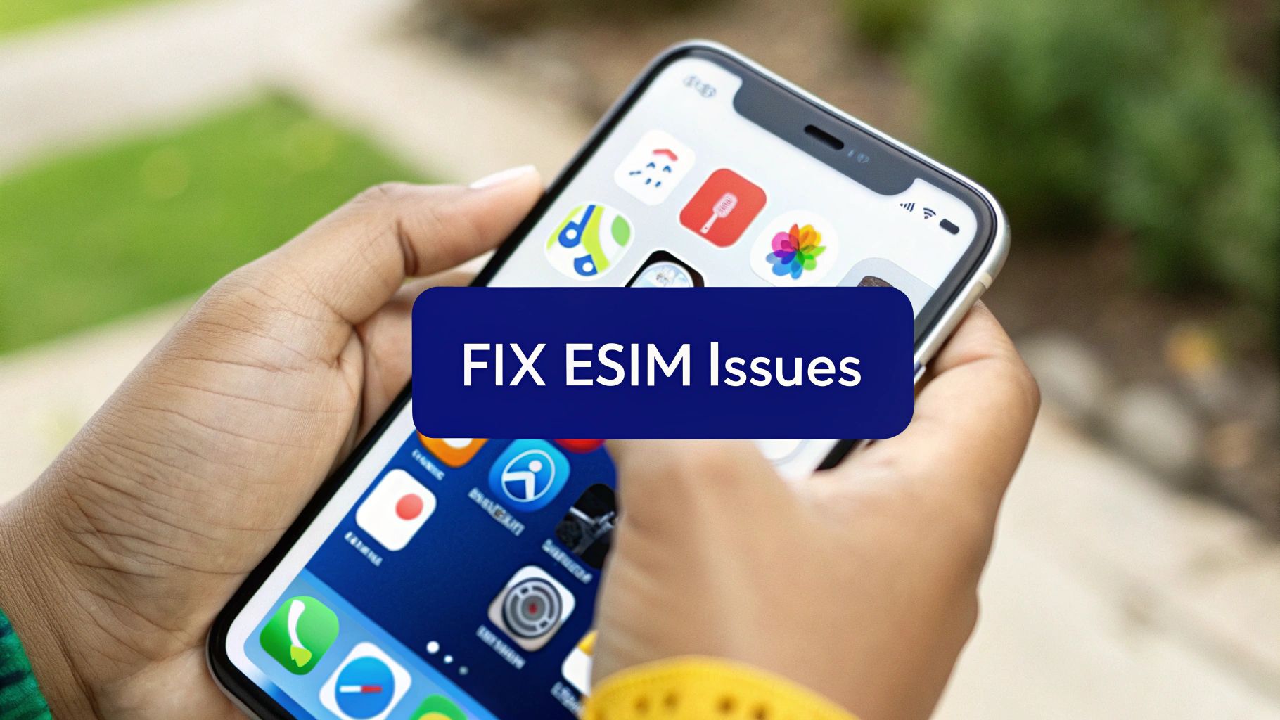 Close-up of a person holding an iPhone displaying a blue banner with the text 'FIX ESIM Issues'.