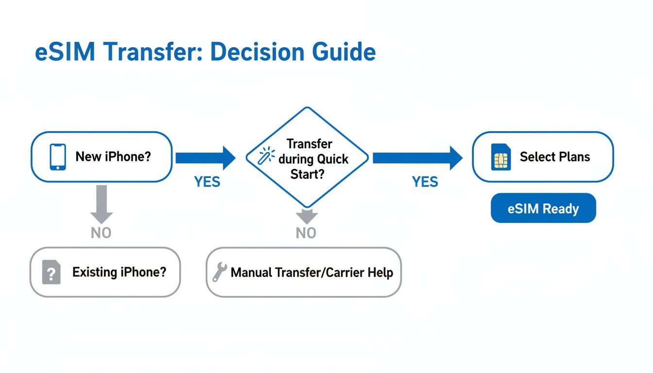 Flowchart for eSIM transfer on iPhones, detailing steps for new devices, Quick Start, and manual options.