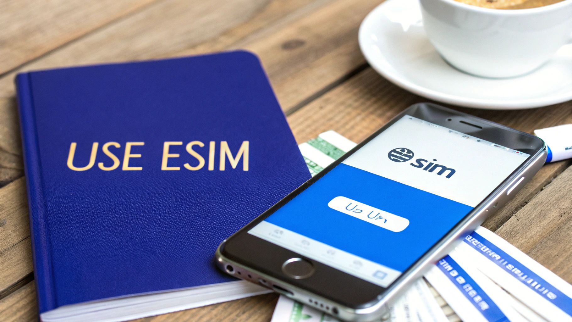 A blue book titled 'USE ESIM' next to a smartphone displaying 'sim' on a wooden table, with a coffee cup.