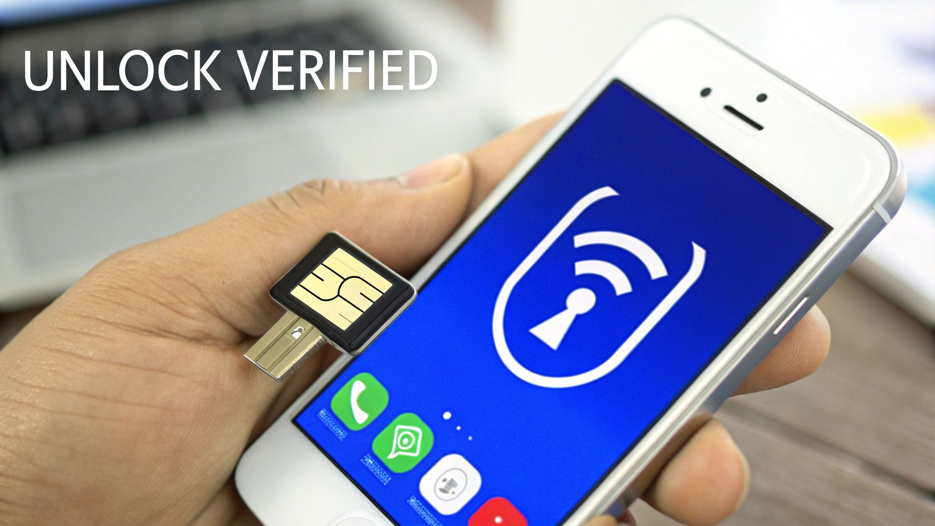 A hand holds an iPhone displaying a network icon, next to a SIM card unlock adapter.
