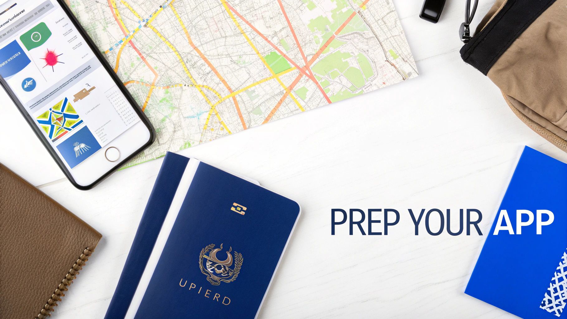 A flat lay showing a smartphone displaying an app, a map, passport, and notebook on a white desk, with "PREP YOUR APP" text overlay.
