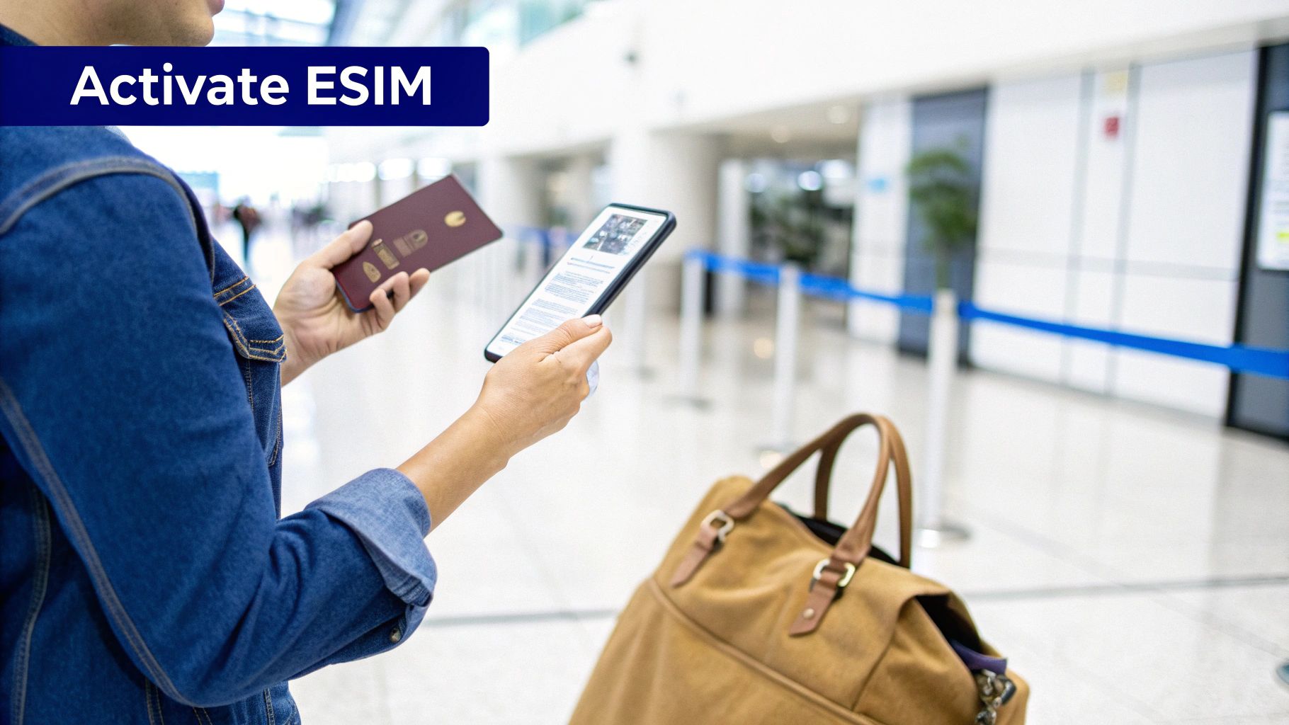 A traveler activates an eSIM on their phone while holding a passport at the airport.