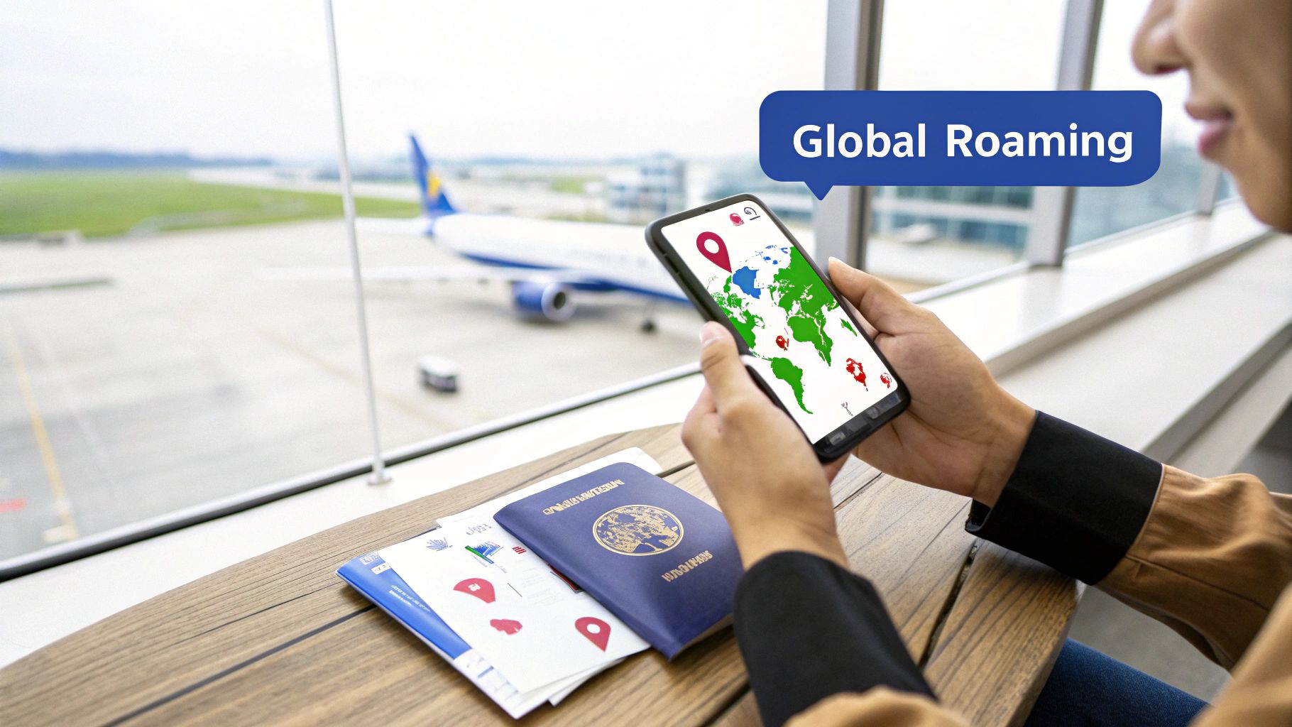 A person at an airport views global roaming options on a smartphone with a world map, passport, and airplane visible.
