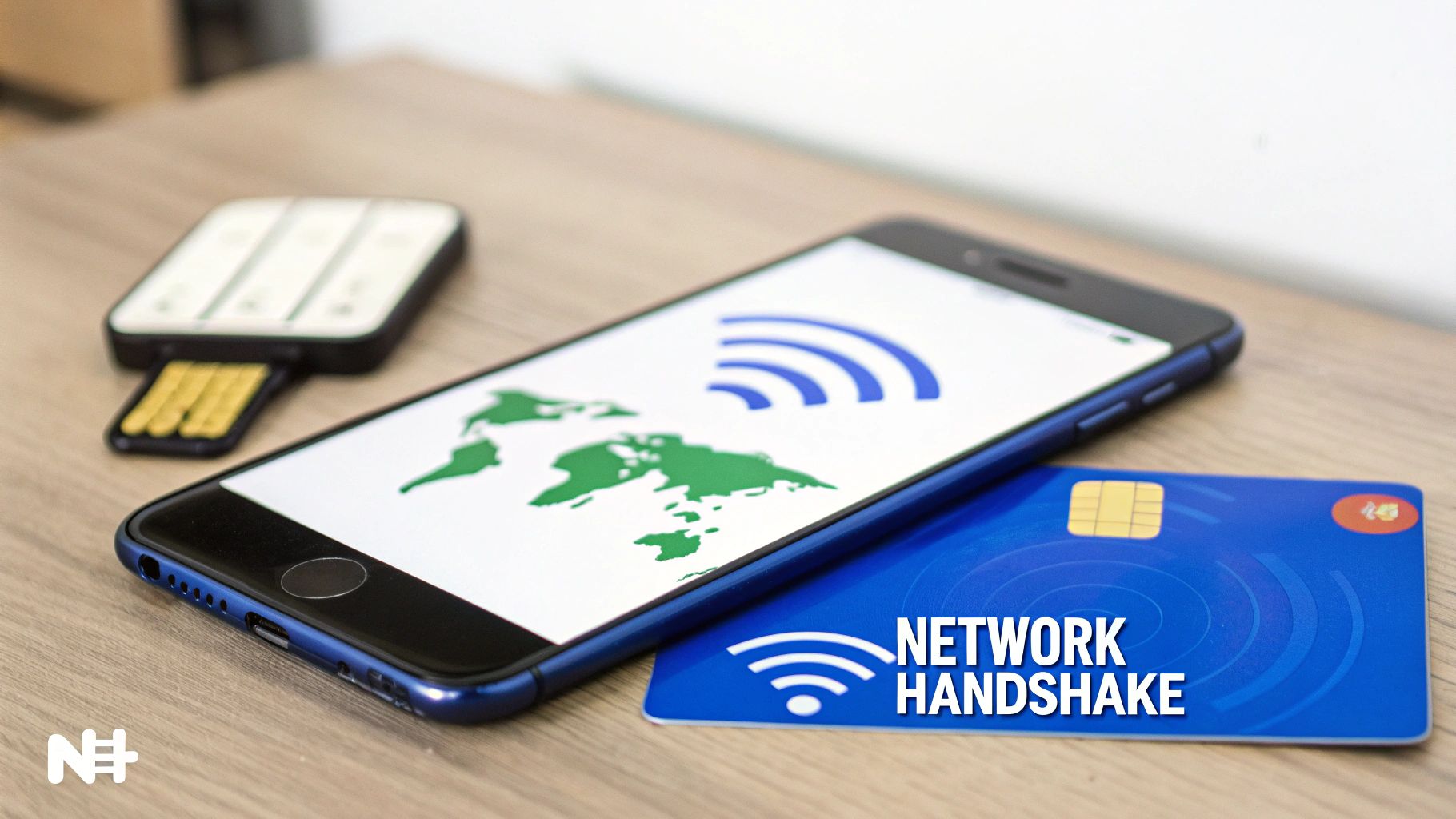 Close-up of a smartphone, USB modem, and a 'Network Handshake' card, symbolizing global connectivity.