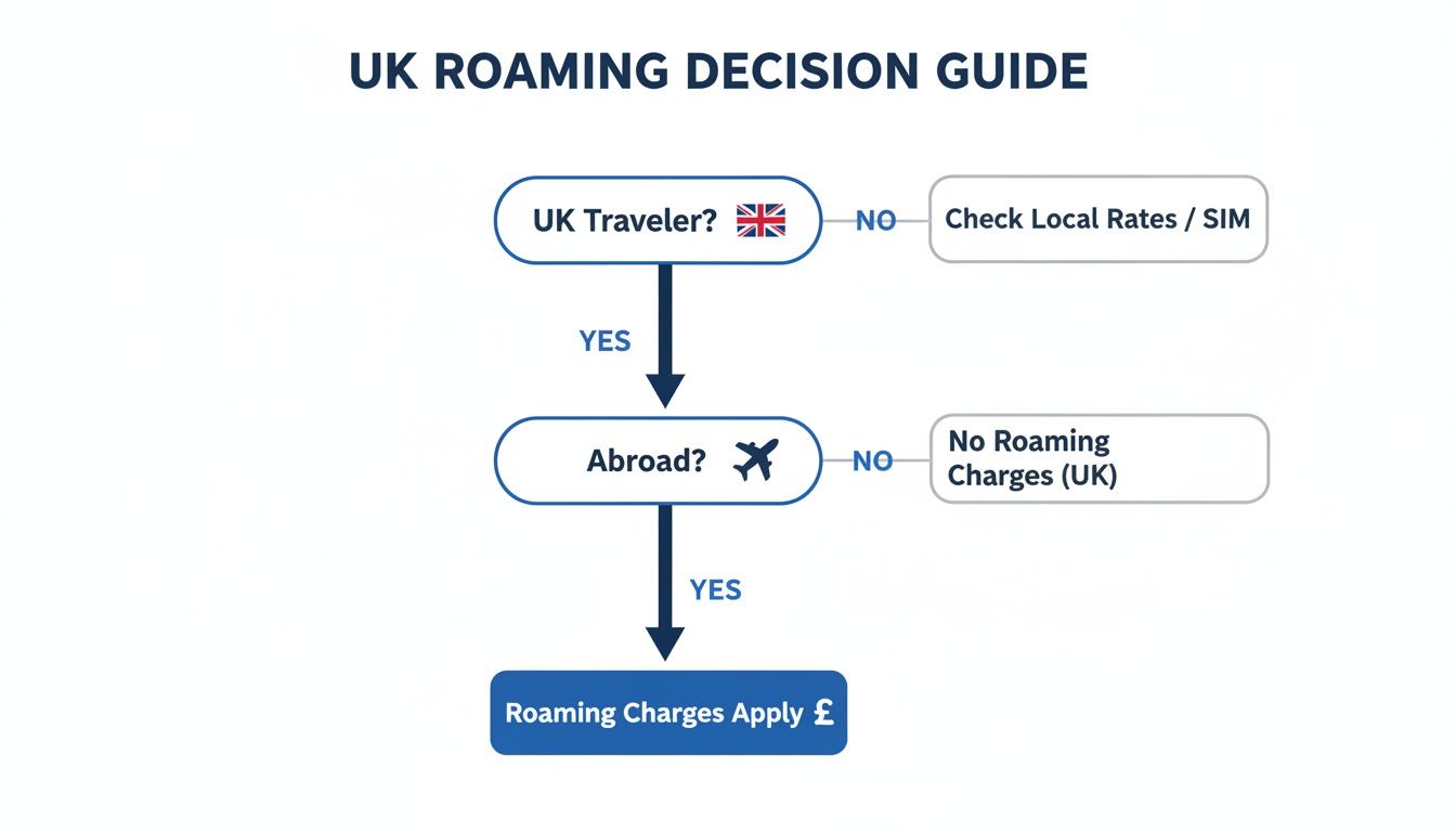 Flowchart guiding UK travelers through a decision process for international roaming charges.