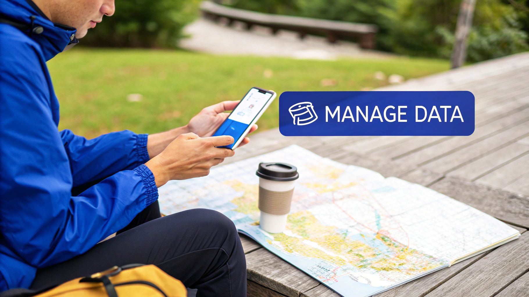 A person in a blue jacket uses a smartphone outdoors with a map and coffee nearby, managing data.