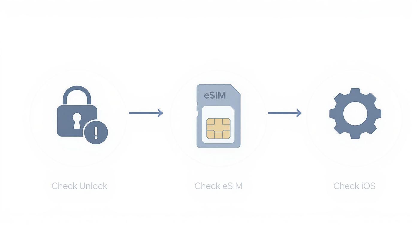 A diagram illustrates three steps: check unlock, check eSIM, and check iOS, with corresponding icons and arrows.
