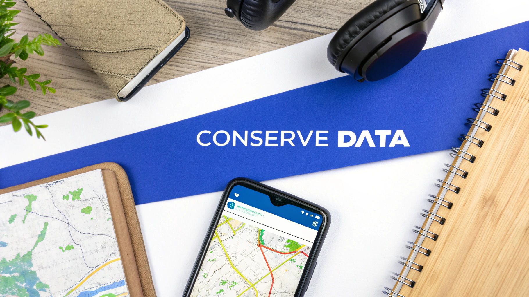 Flat lay showing a smartphone with a map, headphones, notebooks, and a 'CONSERVE DATA' banner.
