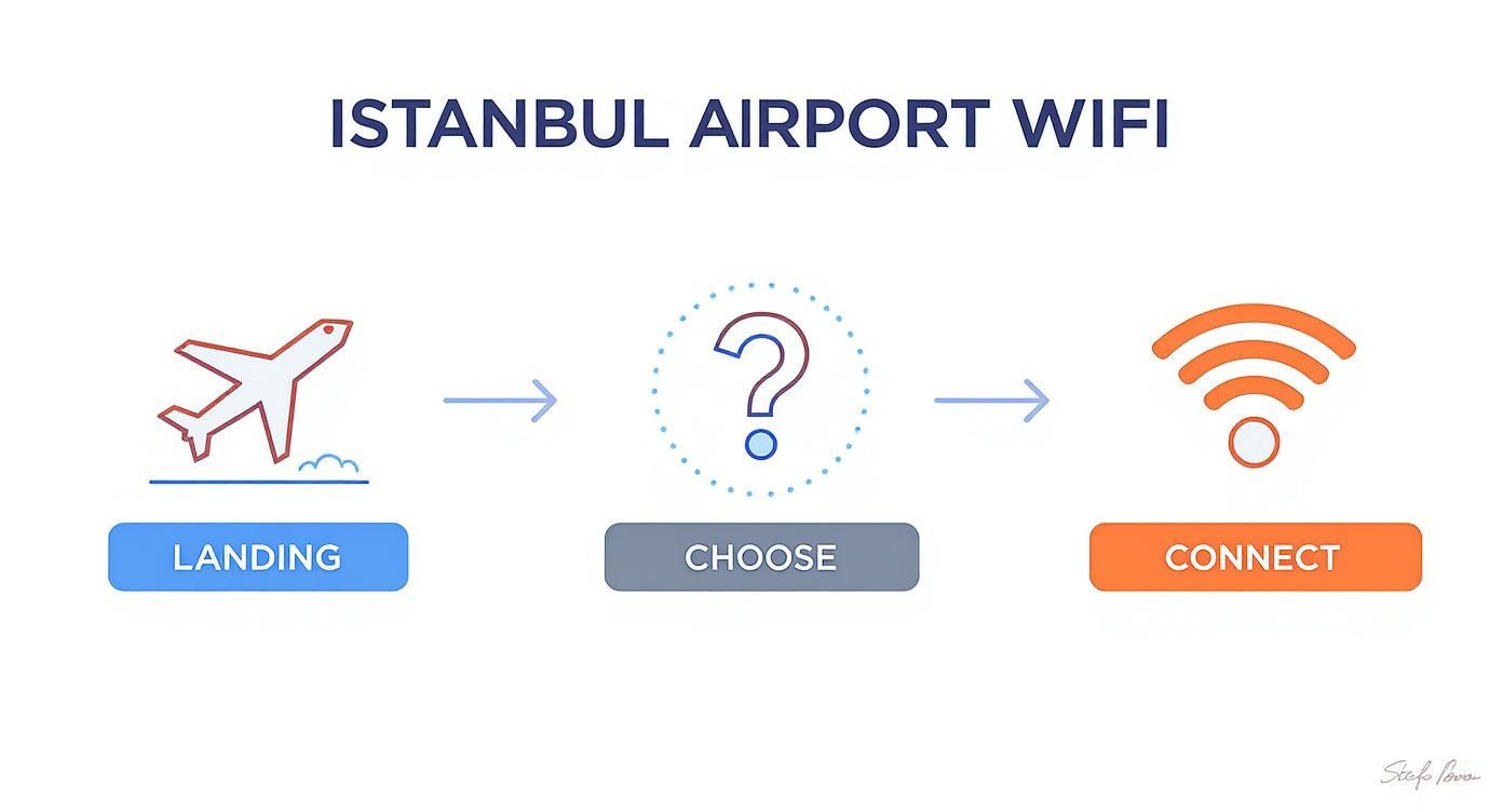 Infographic illustrating the three-step process for accessing free WiFi at Istanbul Airport.