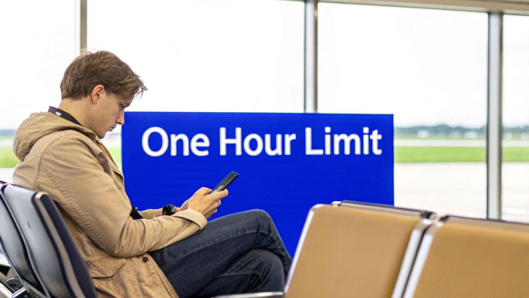 Young man in a beige jacket uses his phone in an airport, near a 'One Hour Limit' sign.