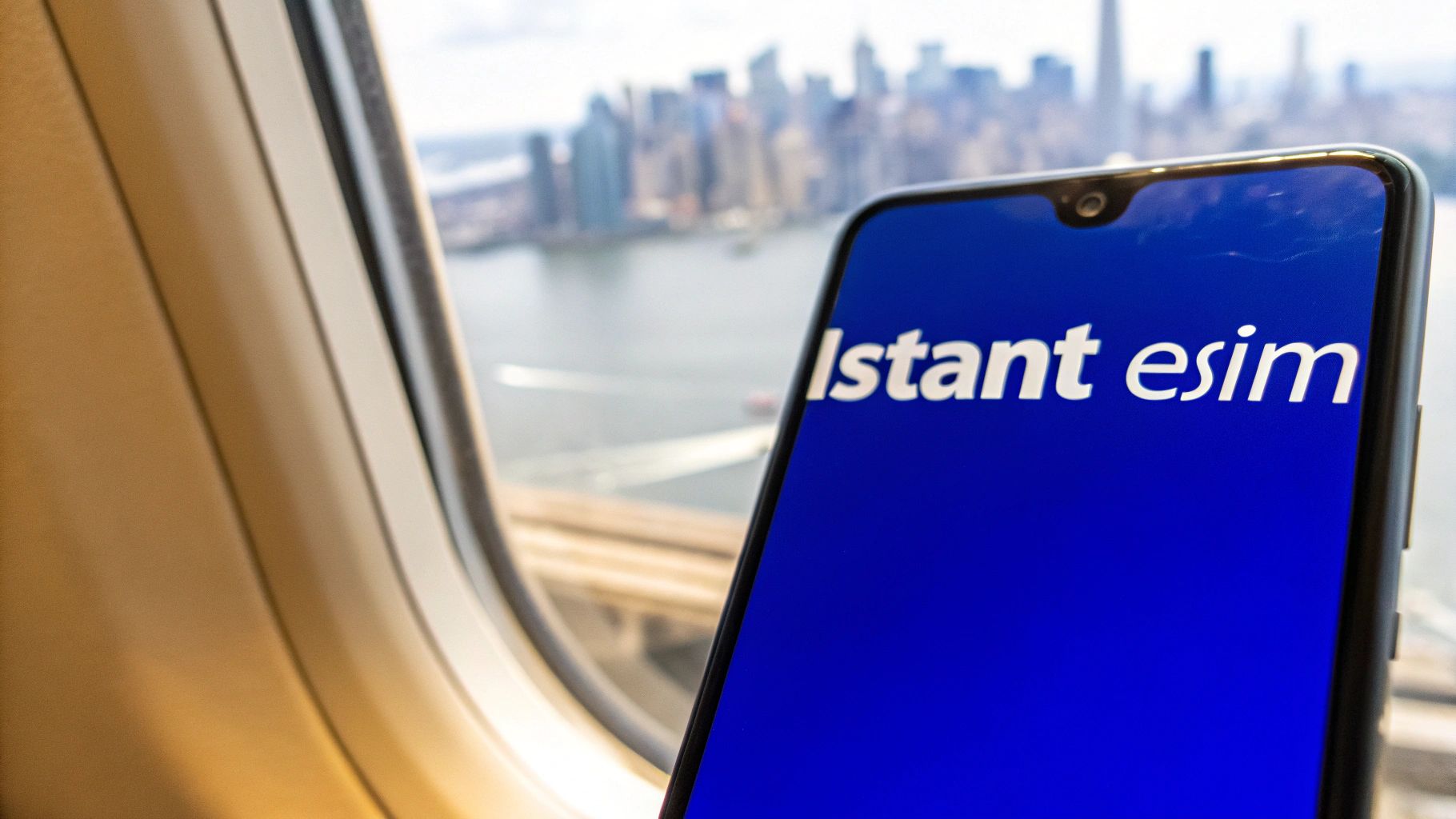 A smartphone displaying 'Istant esim' through a window overlooking a blurred cityscape and water.