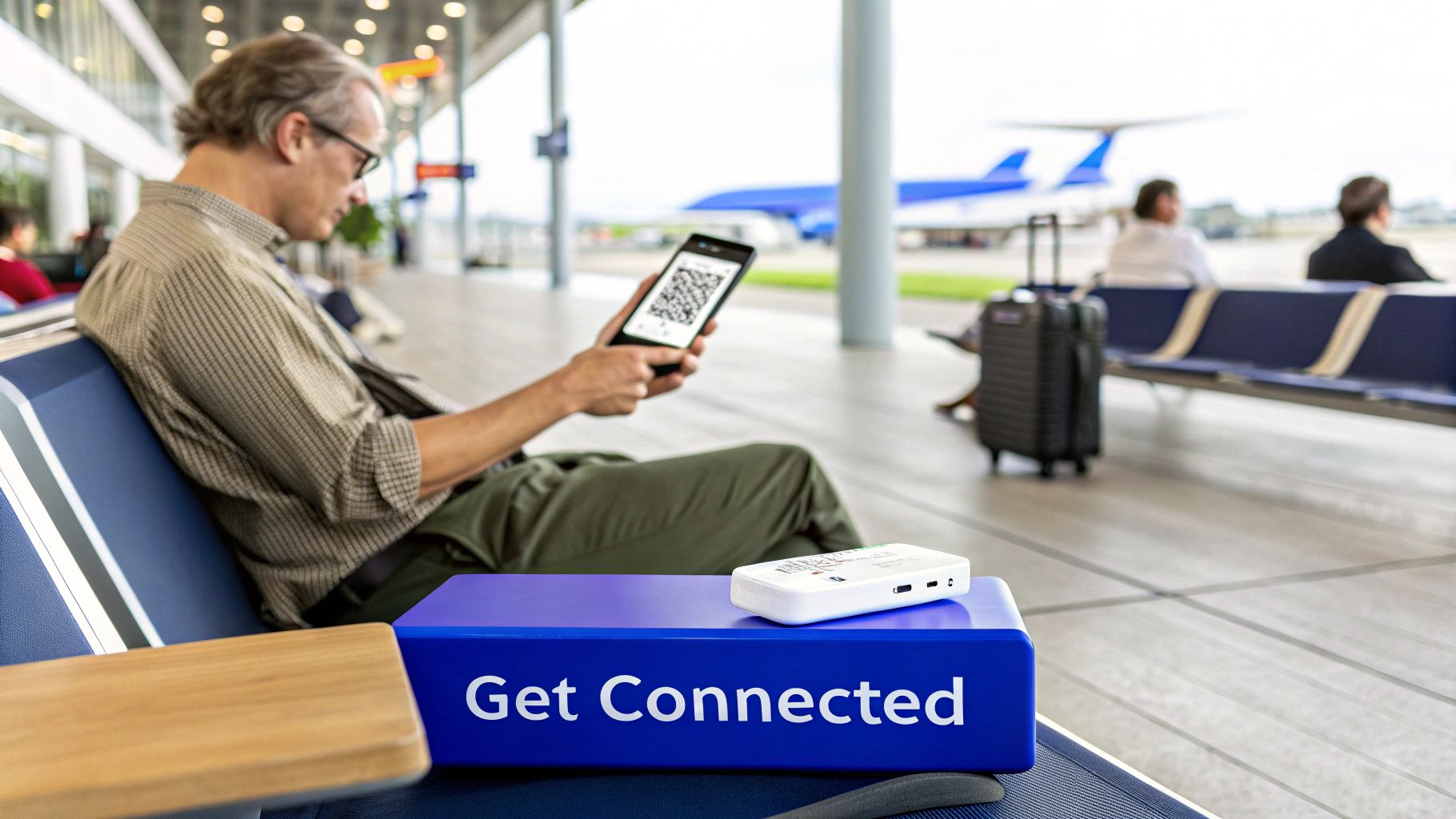 A man at an airport scanning a QR code on his phone with a portable Wi-Fi device nearby.