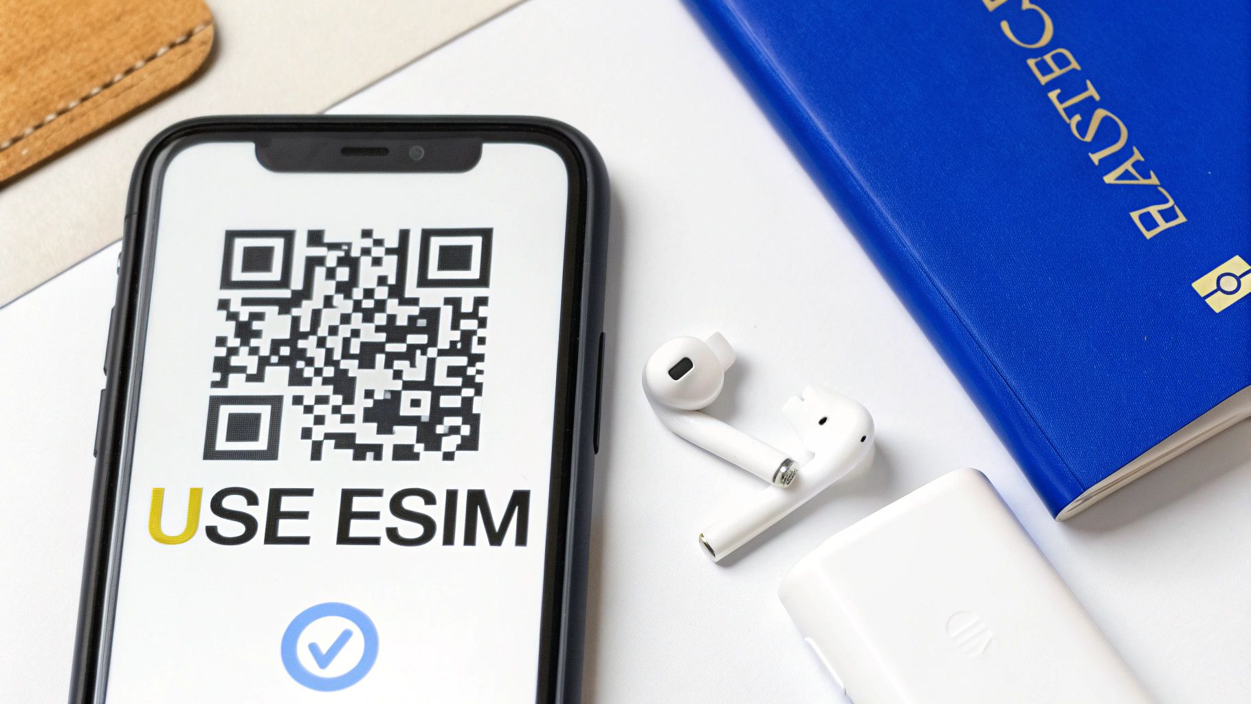 A smartphone displays a QR code for 'USE ESIM' next to white wireless earbuds, a case, and a blue book.