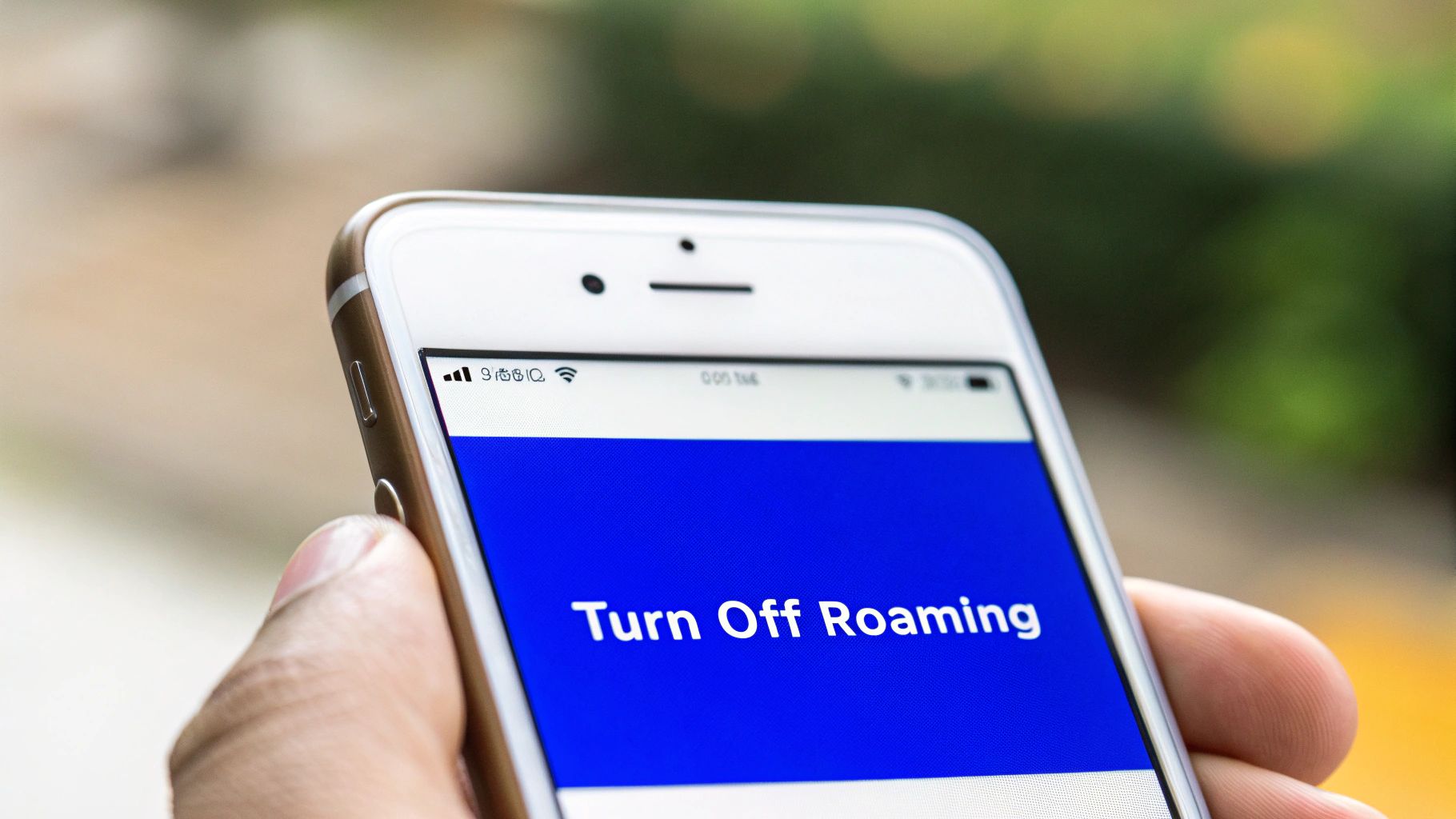 A person holds a white iPhone displaying 'Turn Off Roaming' on a blue screen.