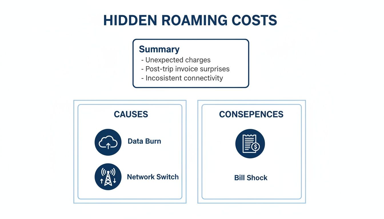 Diagram illustrating hidden roaming costs, detailing causes like data burn and network switch, and the consequence of bill shock.