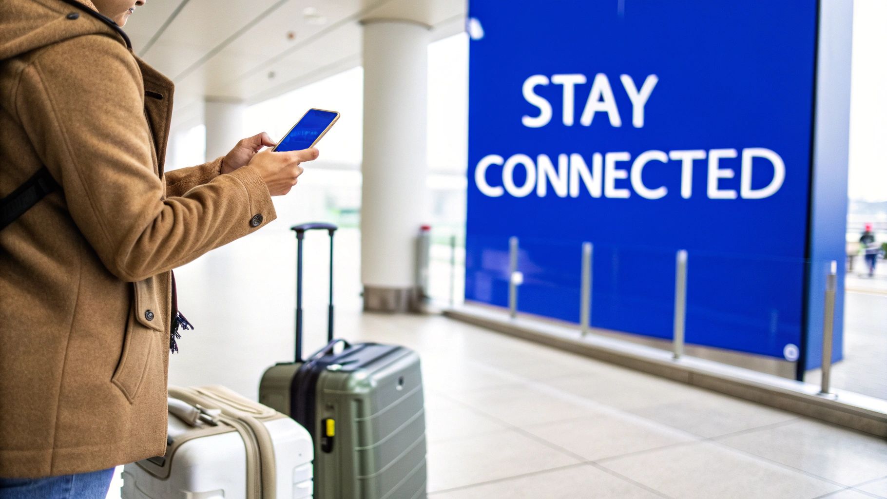 A traveler uses a smartphone in an airport terminal next to luggage and a "Stay Connected" sign.