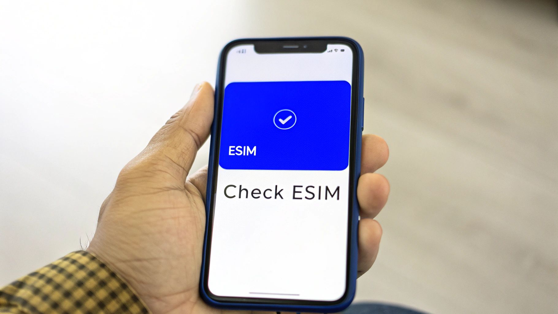 A hand holds a smartphone displaying an eSIM status screen with a checkmark and 'Check ESIM'.