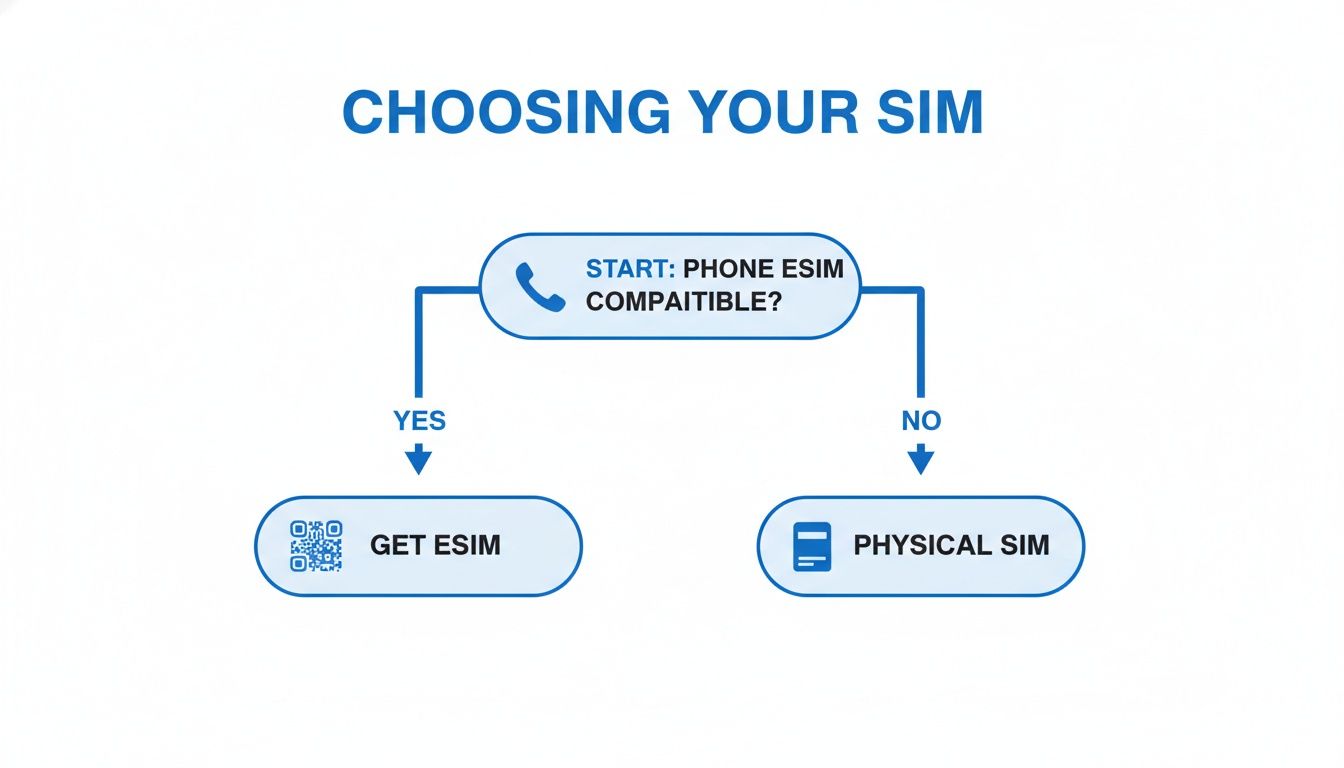 A flowchart illustrating how to choose between eSIM and physical SIM based on phone compatibility.