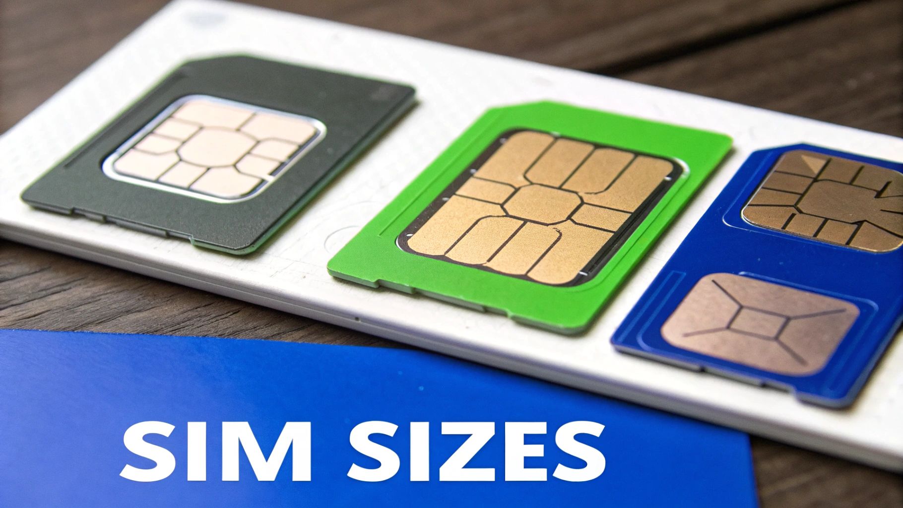 Three different colored SIM cards of varying sizes, black, green, and blue, with 'SIM SIZES' text.