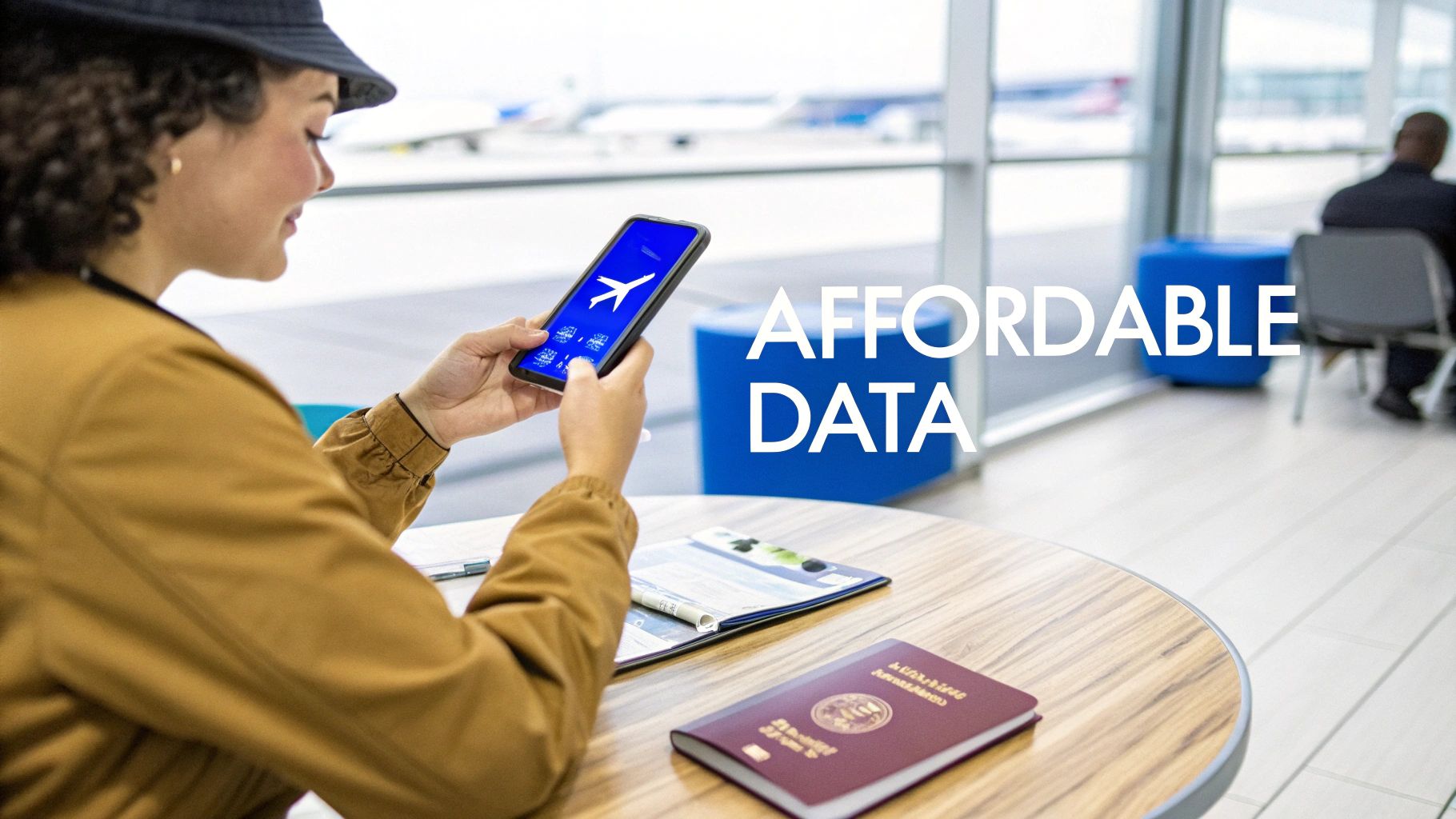A smiling woman at an airport uses her smartphone, showing a flight app. A passport and documents are on the table.