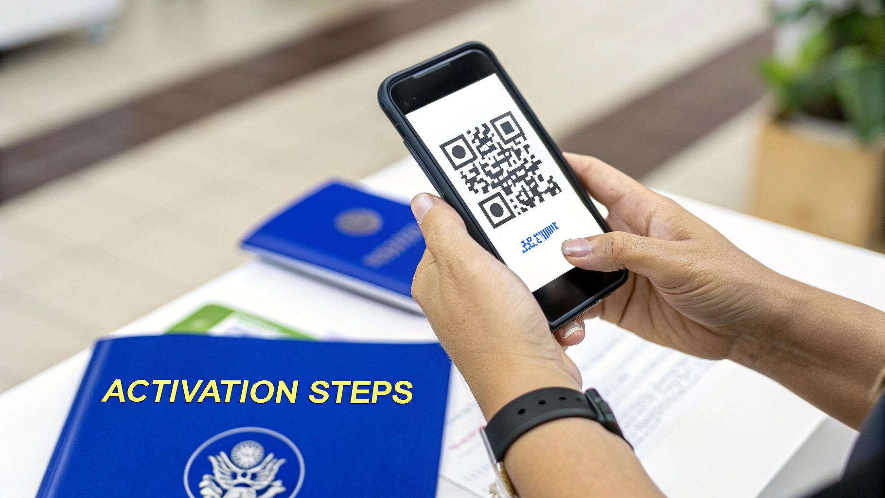Hands hold a smartphone displaying a QR code, with a blue folder labeled "ACTIVATION STEPS".