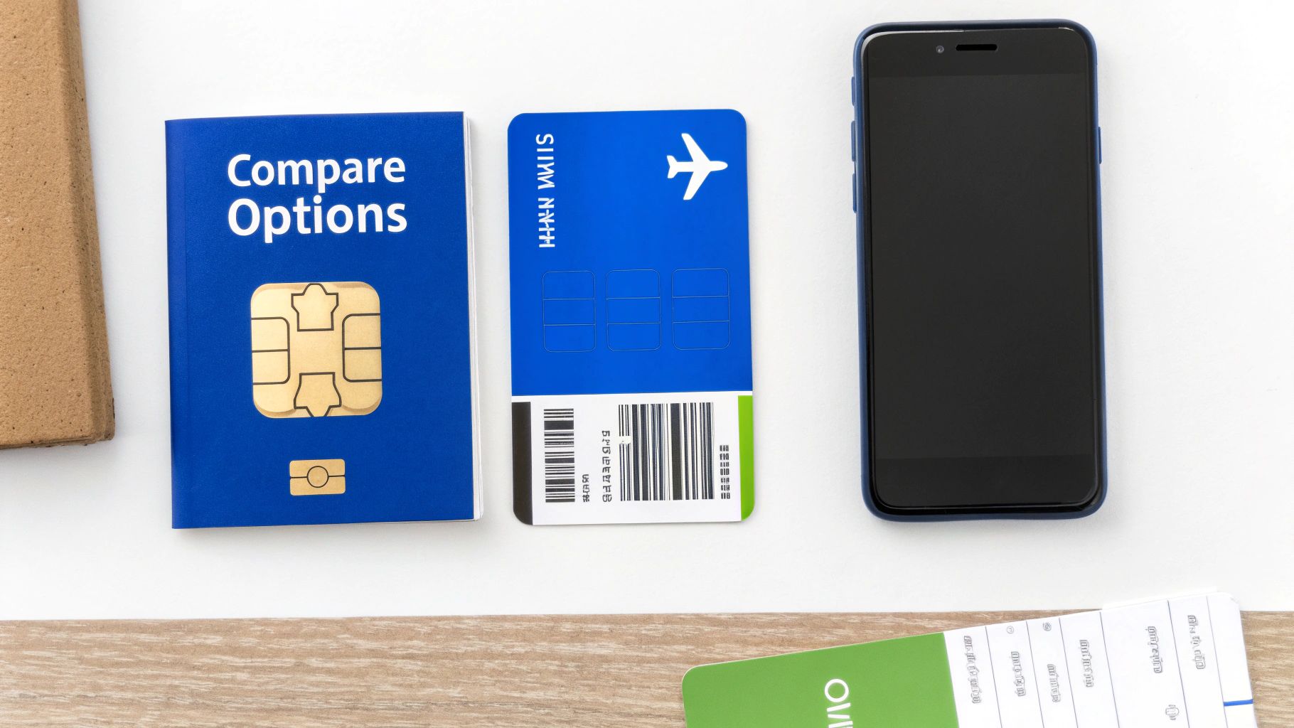 Flat lay of travel items including a SIM card booklet, airplane ticket, and smartphone.