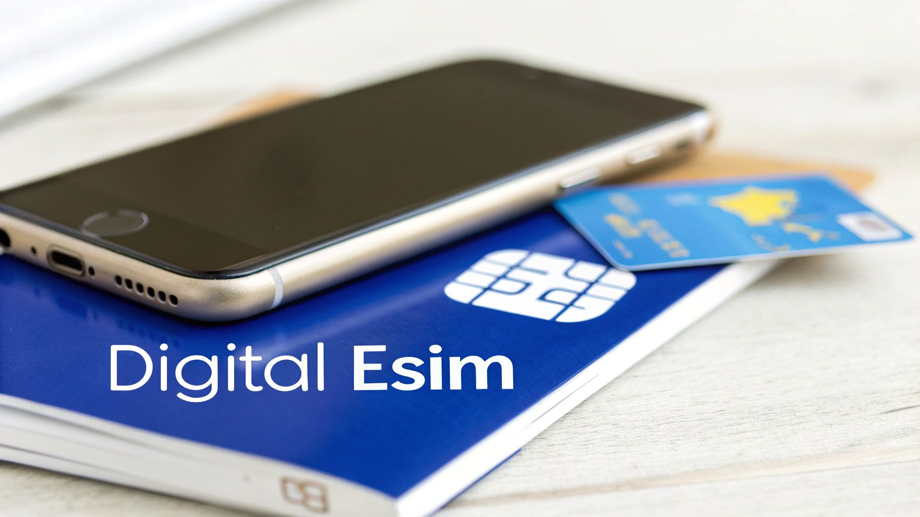 A smartphone, a blue card labeled 'Digital Esim', and a credit card on a wooden surface.
