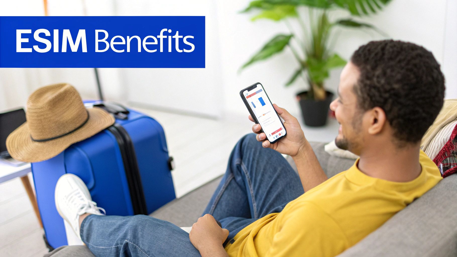 Smiling man on a couch viewing phone, suitcase nearby, with 'ESIM Benefits' text.