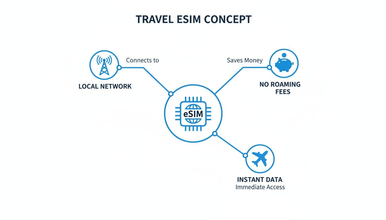 Infographic explaining travel eSIM benefits: local network connectivity, no roaming fees, and instant data access.