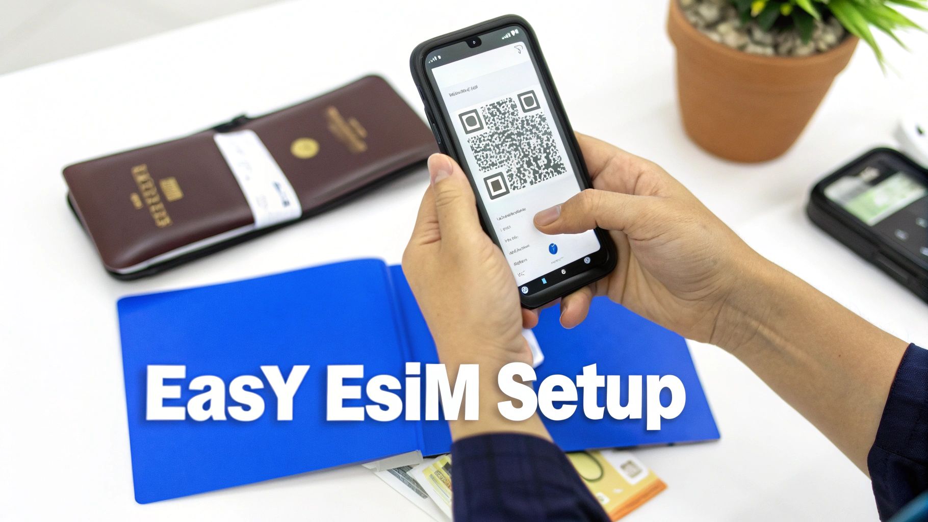 Person setting up an eSIM using a QR code on a smartphone, with a passport and 'EaSY ESiM Setup' text visible.