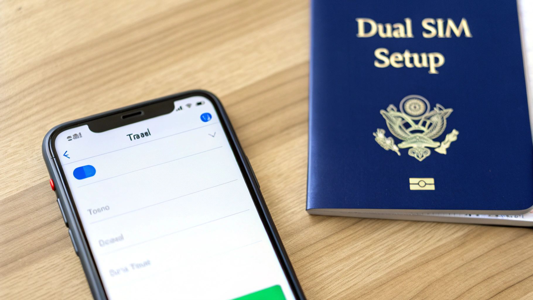 A smartphone screen showing 'Travel' settings and a blue toggle, next to a 'Dual SIM Setup' book.
