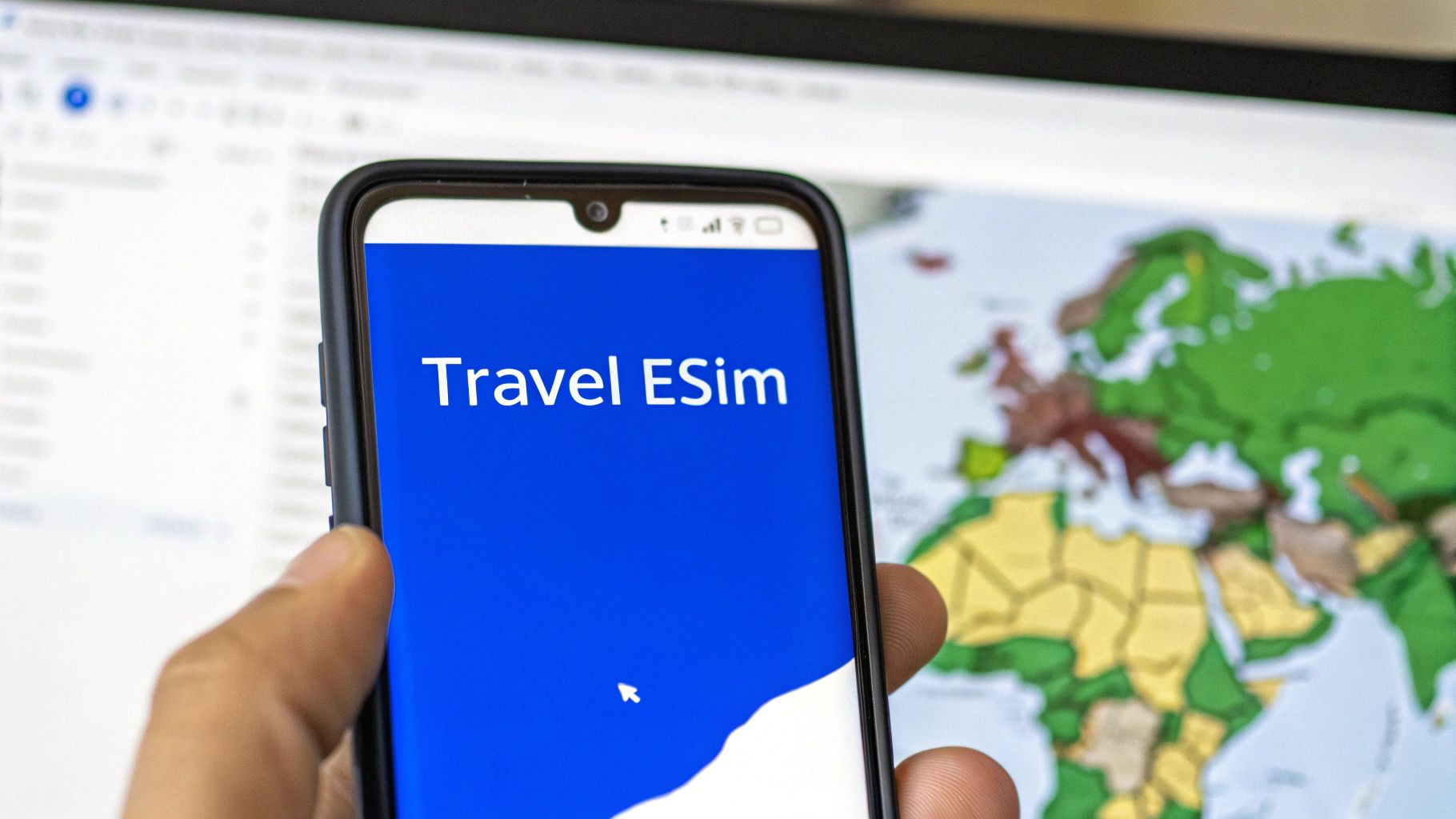 A hand holds a smartphone displaying 'Travel ESim' against a blurred world map.