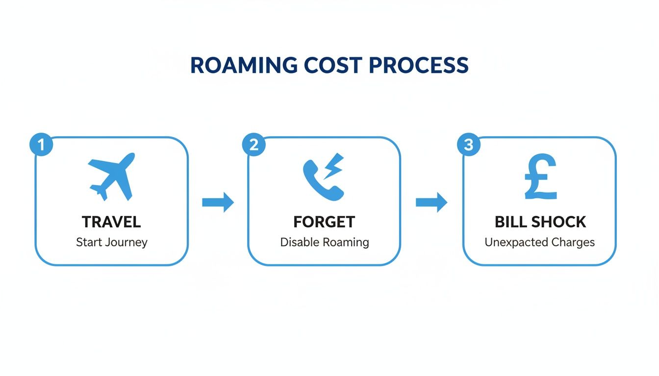 A three-step diagram illustrates the roaming cost process: travel, forgetting to disable roaming, and bill shock.