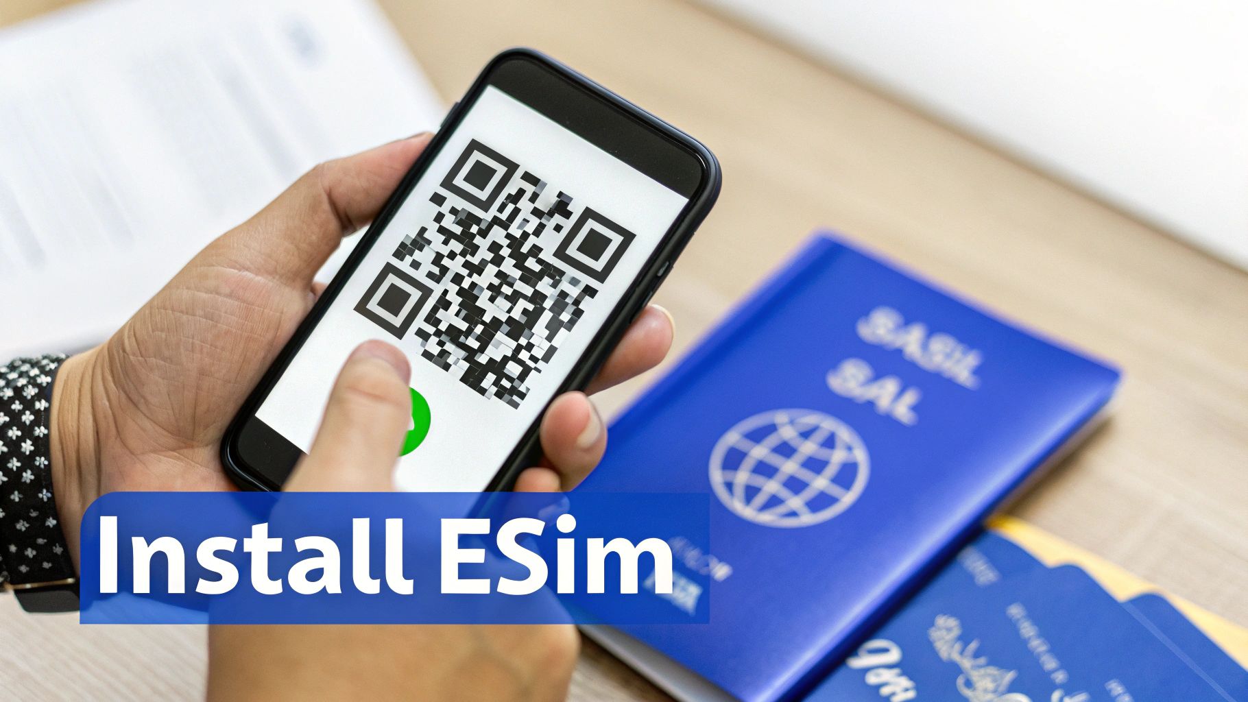 A hand holds a smartphone displaying a QR code for eSIM activation, with travel documents nearby.