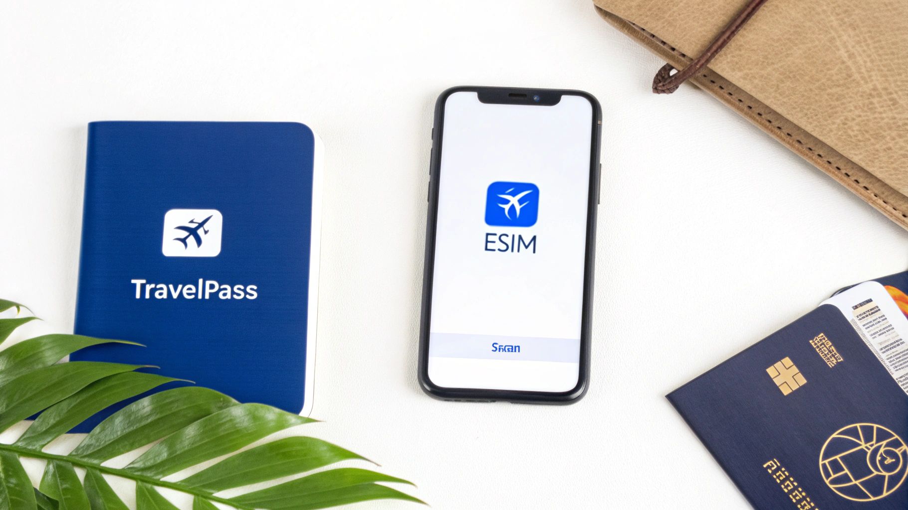 Travel essentials flat lay featuring a blue TravelPass booklet, a smartphone with an eSIM app, and a passport.