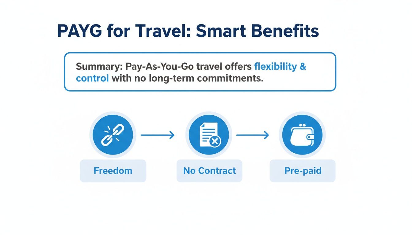 Diagram illustrating Pay-As-You-Go travel benefits: freedom, no contract, and pre-paid flexibility.