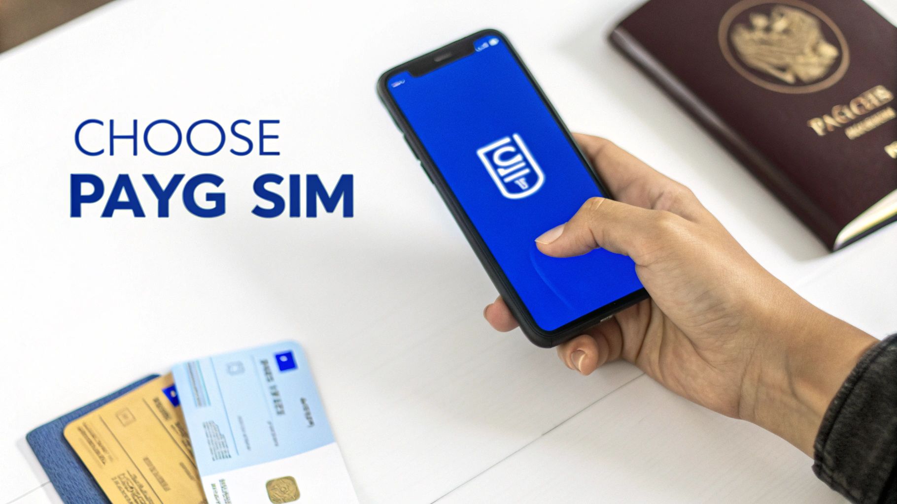 Hand holding smartphone with blue app, 'CHOOSE PAYG SIM' text, surrounded by identification cards and passport.