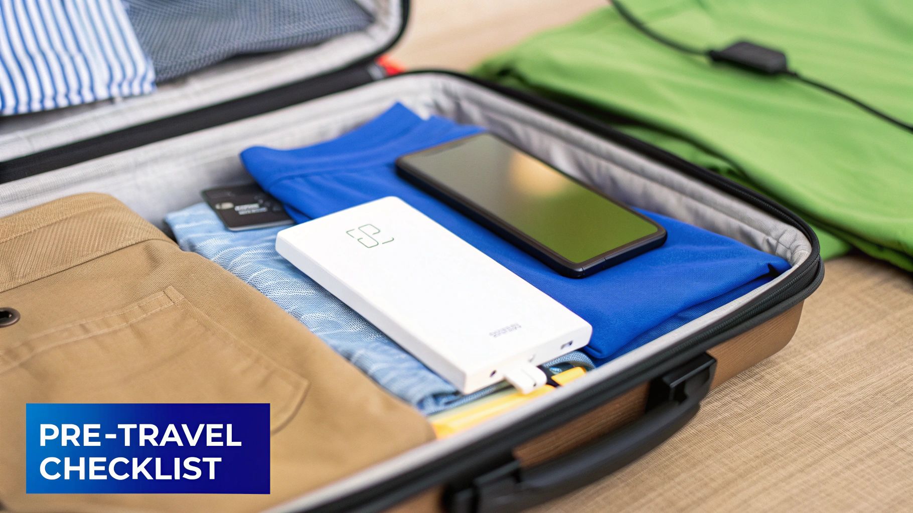 An open suitcase with neatly packed clothes, a smartphone, and a power bank, ready for travel.