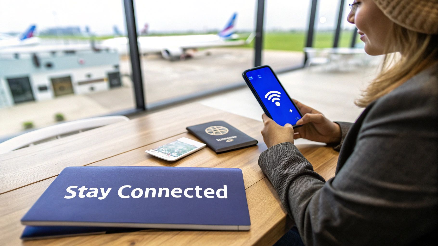 A traveler uses a smartphone with a WiFi icon in an airport lounge, next to a passport and a 'Stay Connected' notebook.